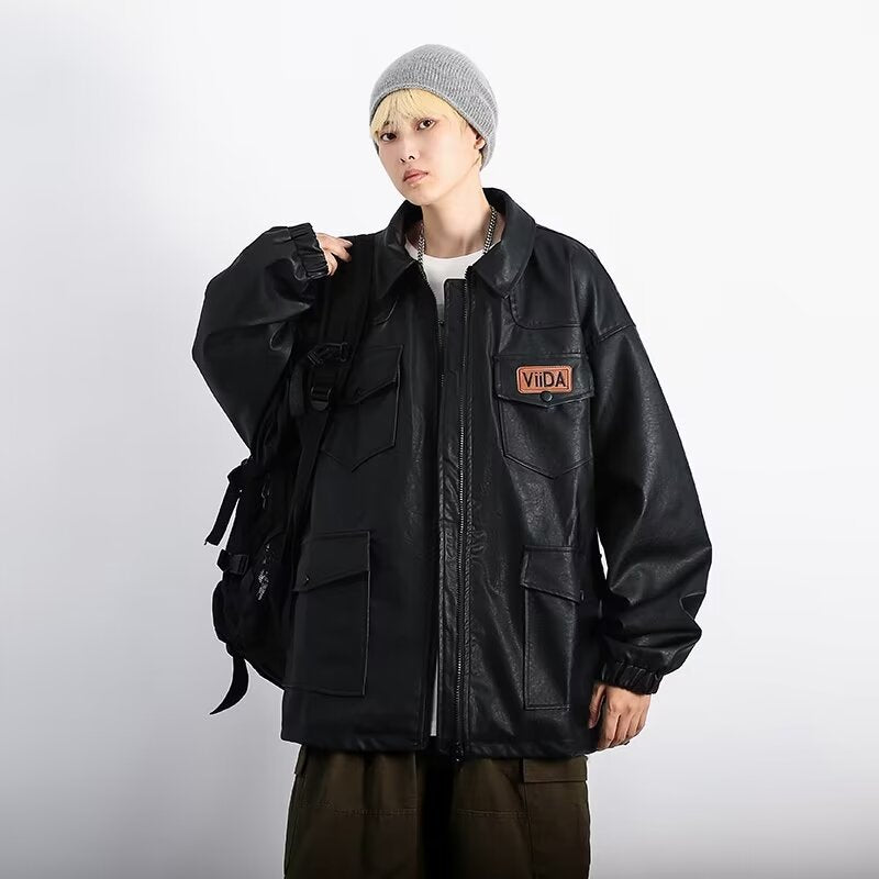 Unisex Oversized Utility Lederimitat Jacke mit Mehreren Klappentaschen Echoarchiv