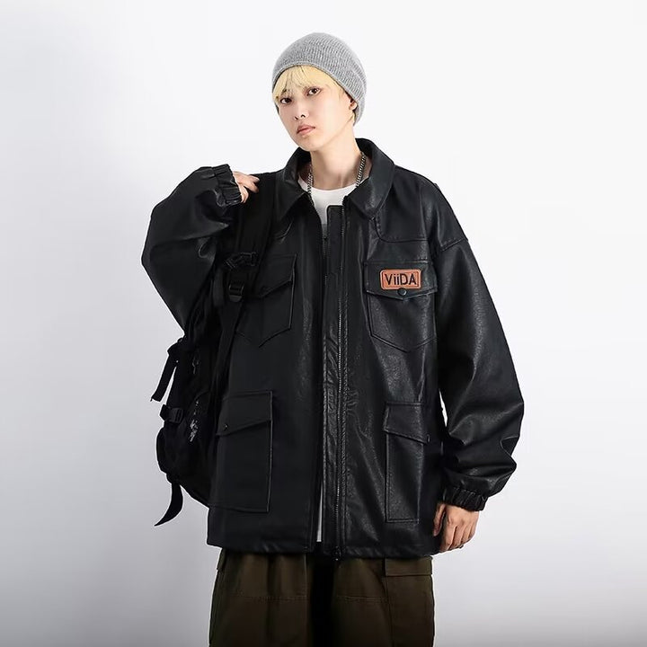 Unisex Oversized Utility Lederimitat Jacke mit Mehreren Klappentaschen Echoarchiv