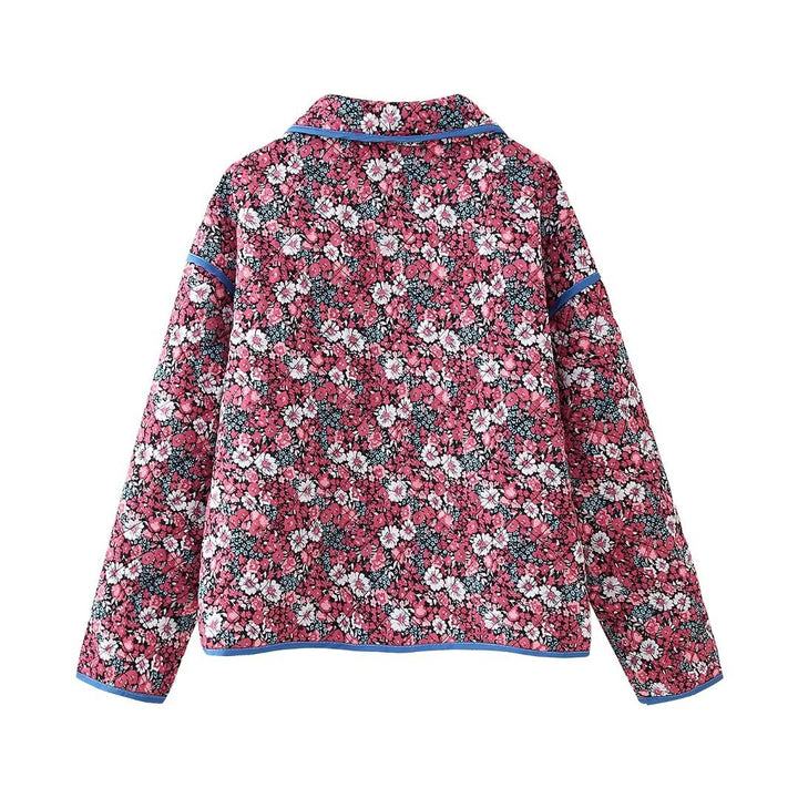 Damen gesteppte Kurzjacke mit floralem Microprint, Rundkragen, kontrastpaspel und aufgesetzten Taschen – Célinea