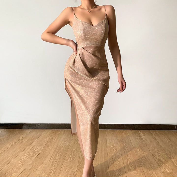Damen elegantes Metallic-Effekt-Midikleid mit Spaghettiträgern Echo Archiv
