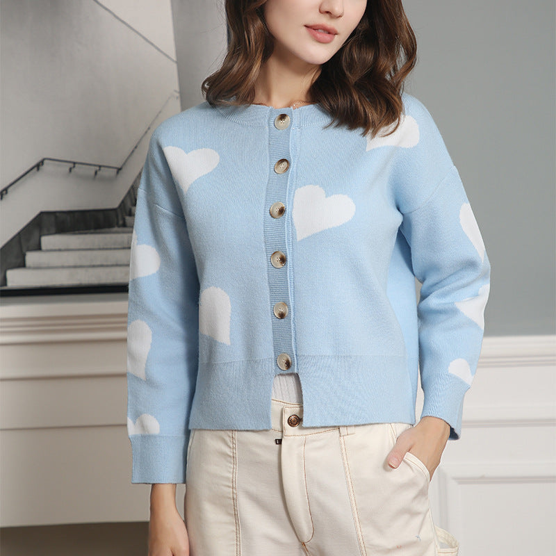 Damen Geknöpfter Oversize-Strickcardigan mit Herz-Jacquard und Perlmuttknöpfen Echo Archiv