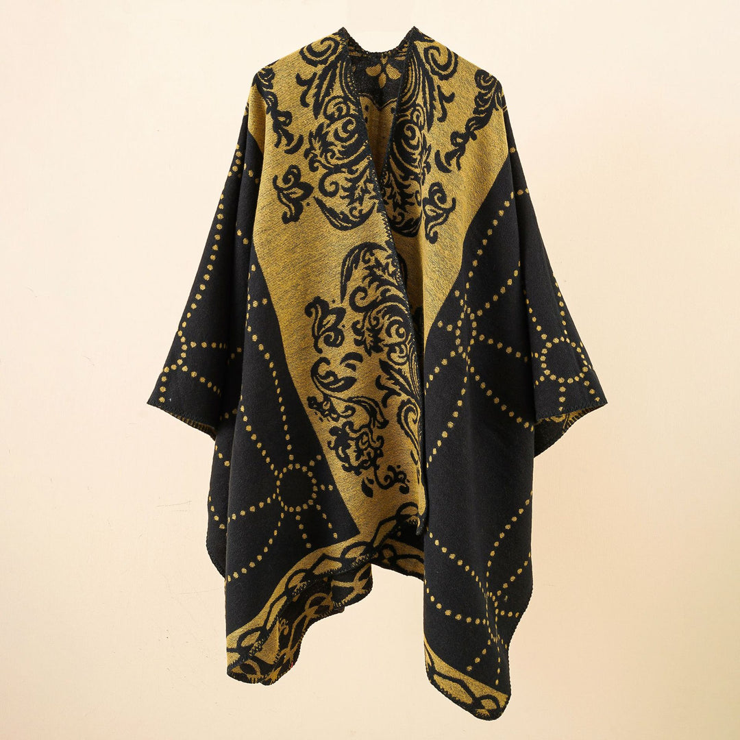 Damen Jacquard-Ruana im Umhangstil mit kontrastierender Kettelsaum Echo Archiv