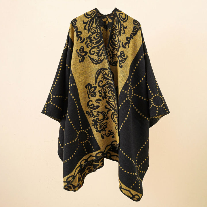 Damen Jacquard-Ruana im Umhangstil mit kontrastierender Kettelsaum Echo Archiv