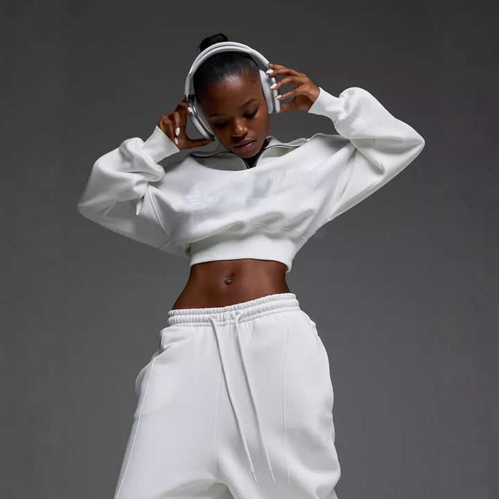 Damen nan kurzes Half-Zip Sweatshirt-Set mit hochtaillierter weiter Lounge-Jogginghose Echo Archiv