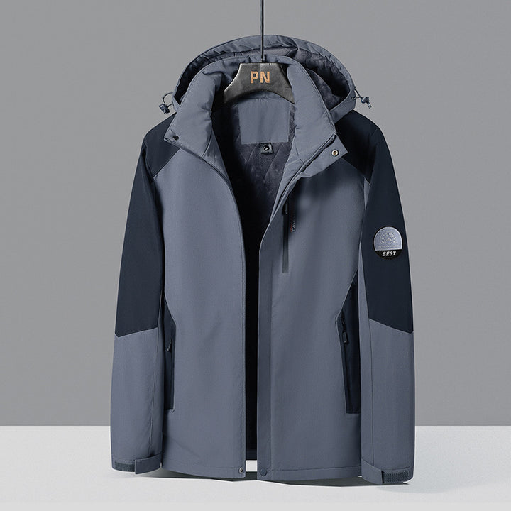 Herren zweifarbige Softshell-Outdoormantel mit winddichter Membran, verstellbarer Kapuze und verdeckter Brusttasche – Taviero
