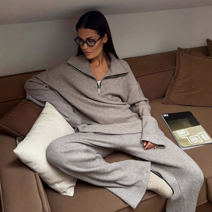 Damen Oversize Strick-Lounge-Set mit halbem Reißverschluss und weitem Bein – Mavelle