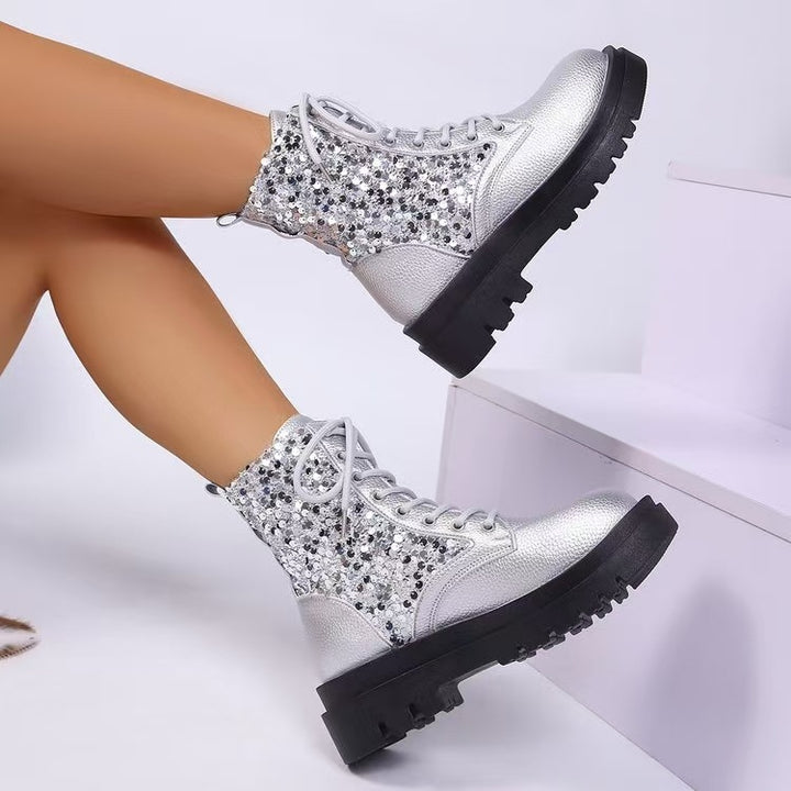 Damen glitzernde Schnür-Bikerboots mit robust profilierter Sohle und metallisch genarbter Oberfläche – Lioré