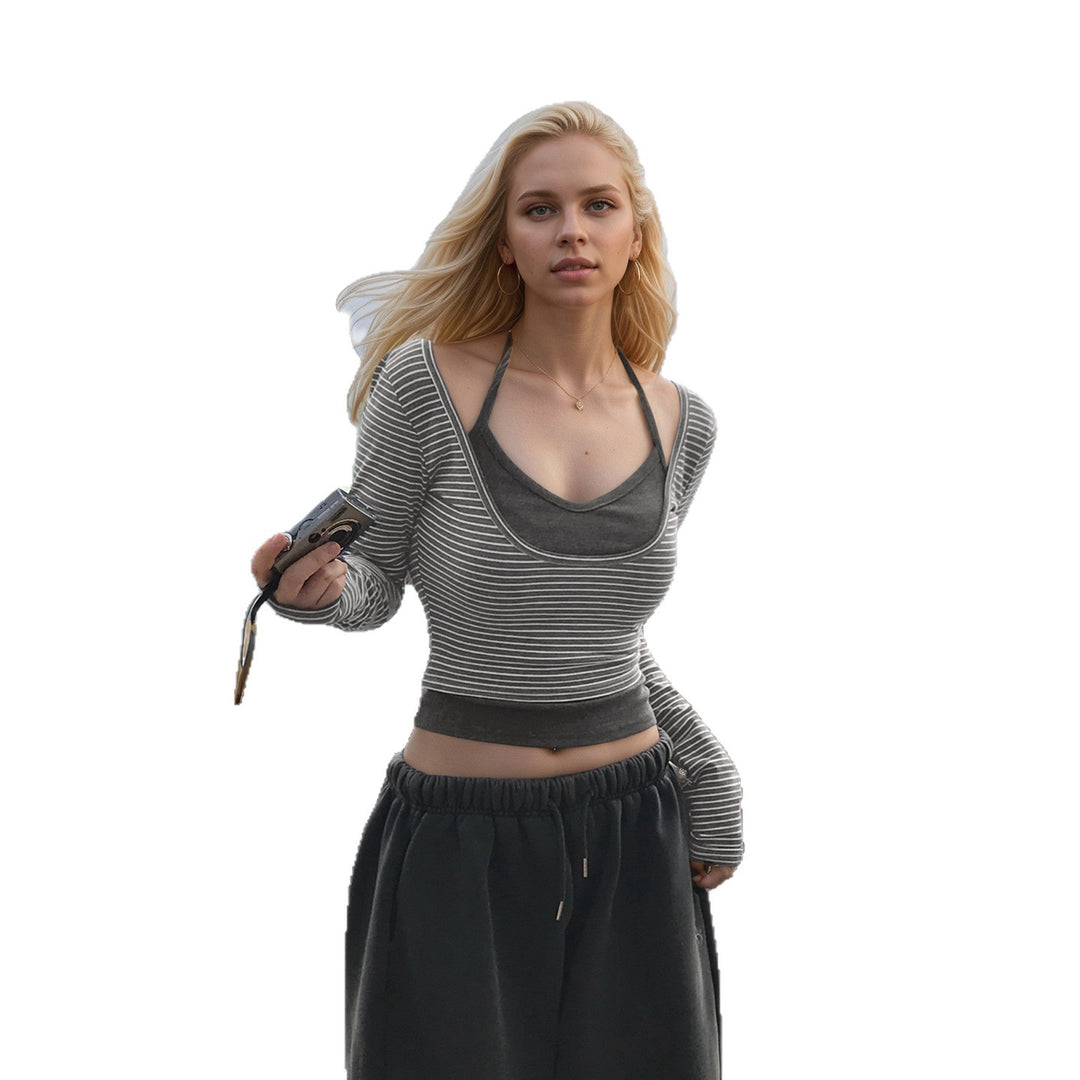 Damen nan gerafftes Layering-Cropped-Top mit integriertem Bustier und feinem Streifenstrick Echo Archiv