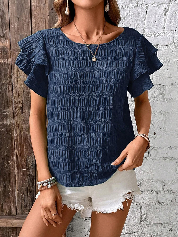 Damen Kurzarm-Bluse mit Smok-Effekt und Volantärmeln Echo Archiv