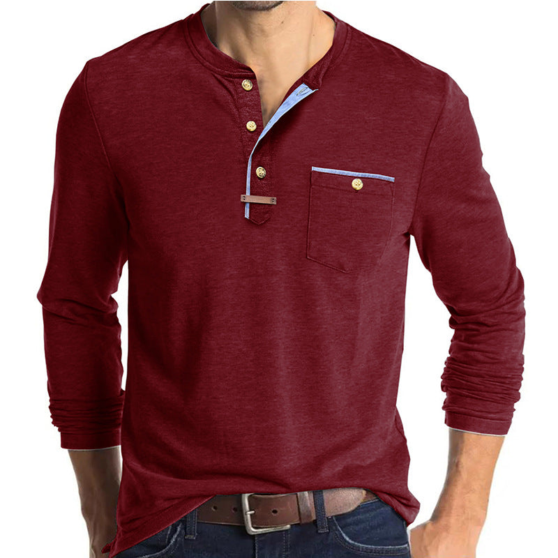 Herren Langarm-Henley-Shirt mit kontrastierenden Knöpfen und Brusttasche Echoarchiv