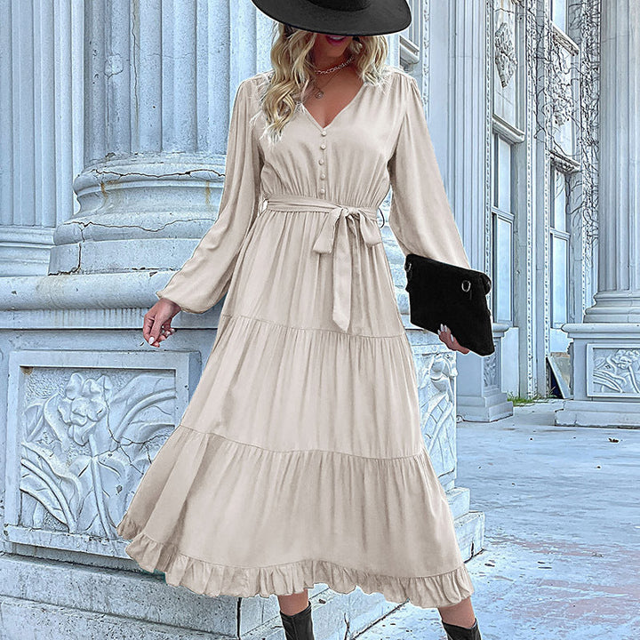 Damen Langes Satin‑Optik Stufenkleid mit V‑Ausschnitt, Bindegürtel und Volantsaum Echoarchiv