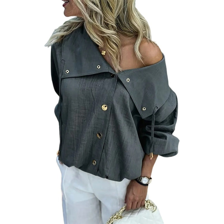 Damen Oversize Off-Shoulder Leinenbluse mit asymmetrischem Kragen und Zierknopfleiste Echo Archiv