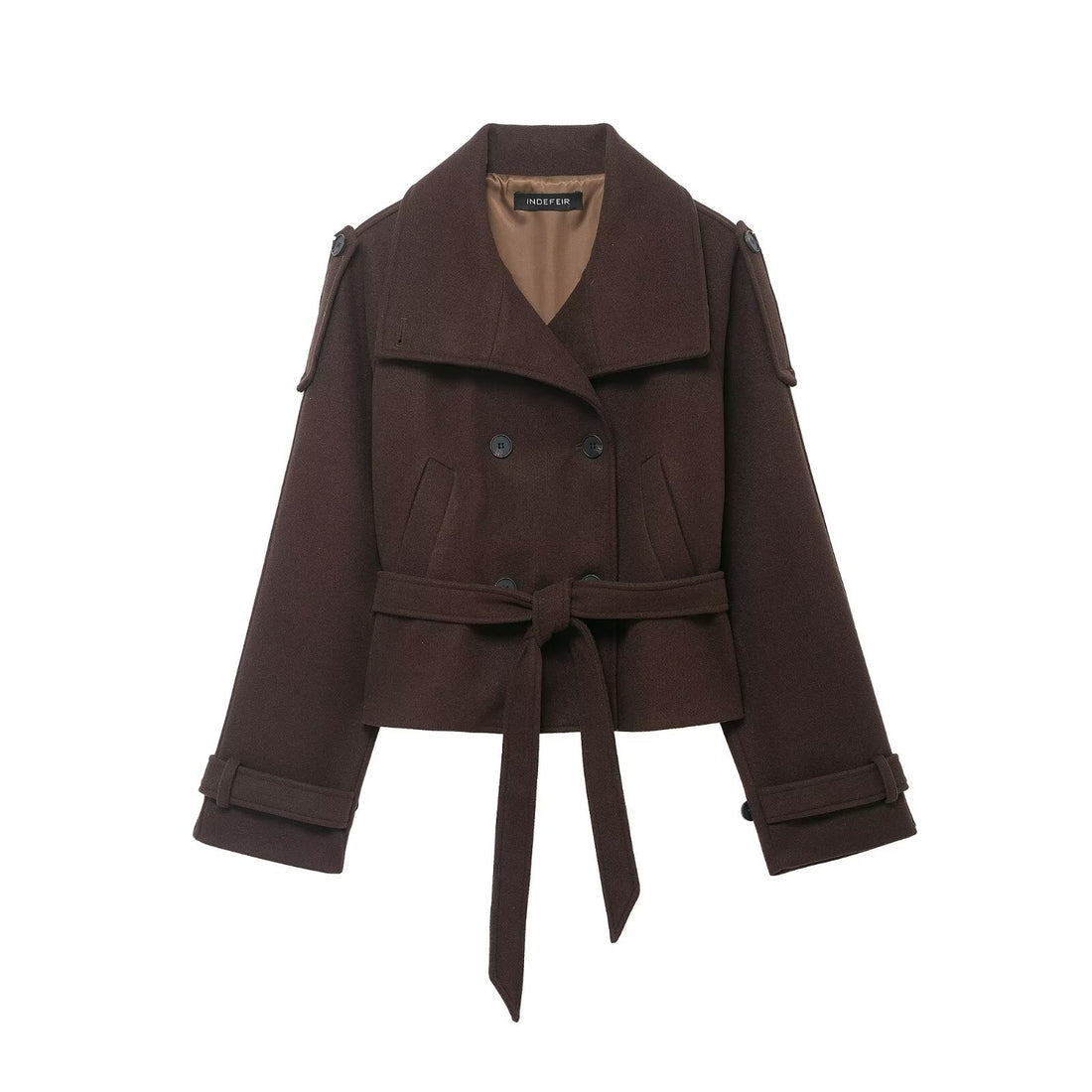 Damen Cropped Wollmix‑Kurzmantel mit hohem Stehkragen, Epauletten und Taillengürtel Echoarchiv