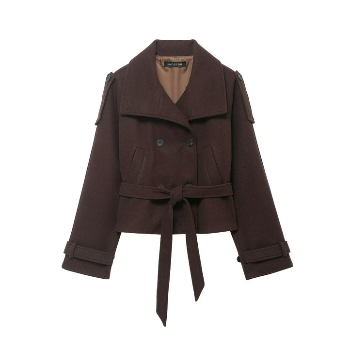 Damen Cropped Wollmix‑Kurzmantel mit hohem Stehkragen, Epauletten und Taillengürtel Echoarchiv