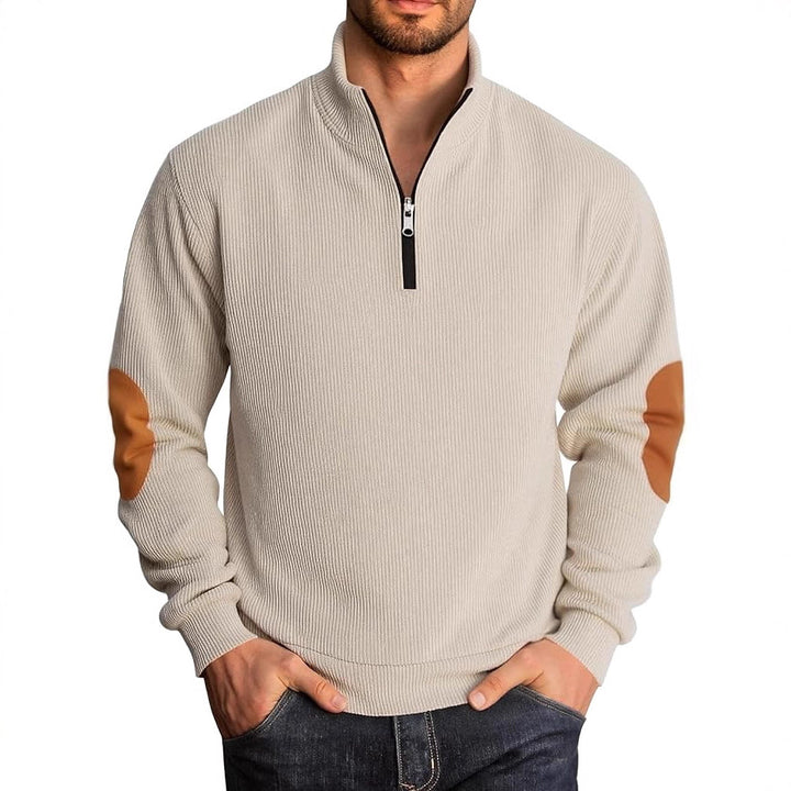 Herren Pullover mit hochgeschlossenem Kragen und kontrastierenden Ellbogenpatches Echoarchiv