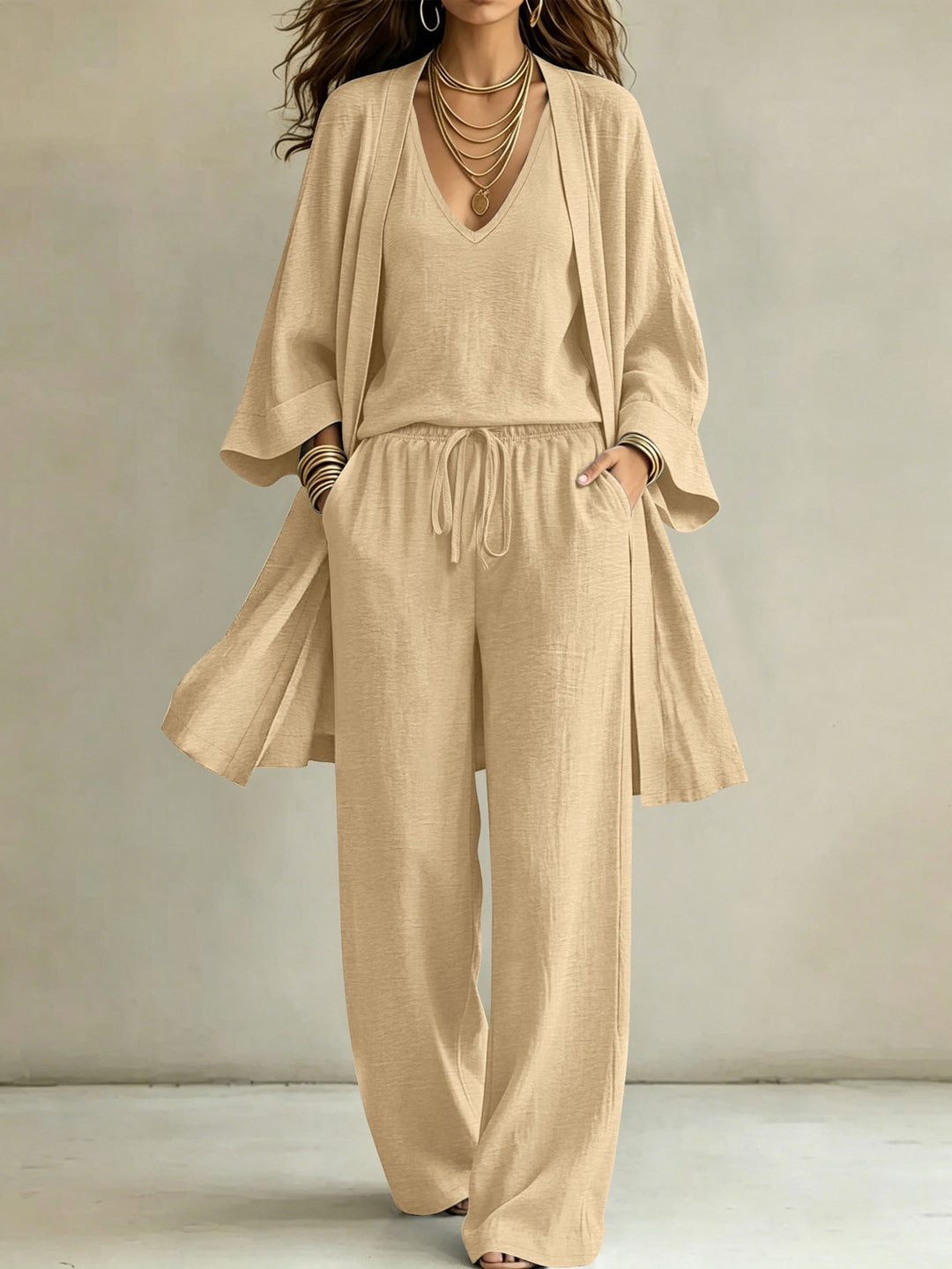 Damen Lässiges Lounge-Set mit Kimono-Cardigan, V‑Ausschnitt-Shirt und weiter Kordelhose – Élanora