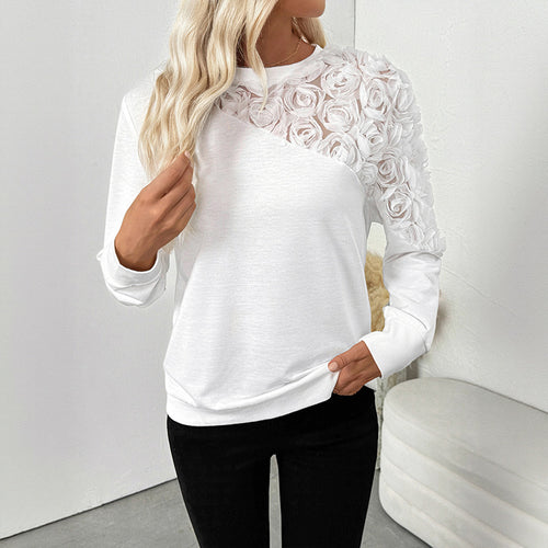 Damen Sweatshirt mit 3D-Rosenapplikation und transparentem Einsatz Echoarchiv