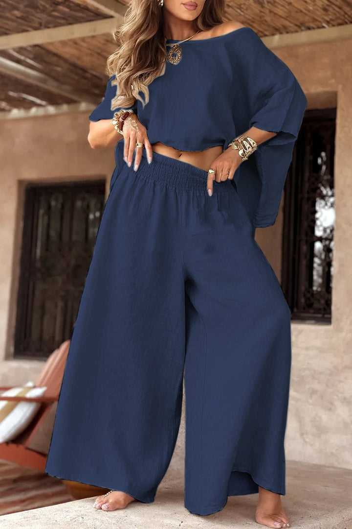 Damen Leinen-Set mit Cropped Oversize-Top und hohem elastischem Bund Palazzohose Echoarchiv