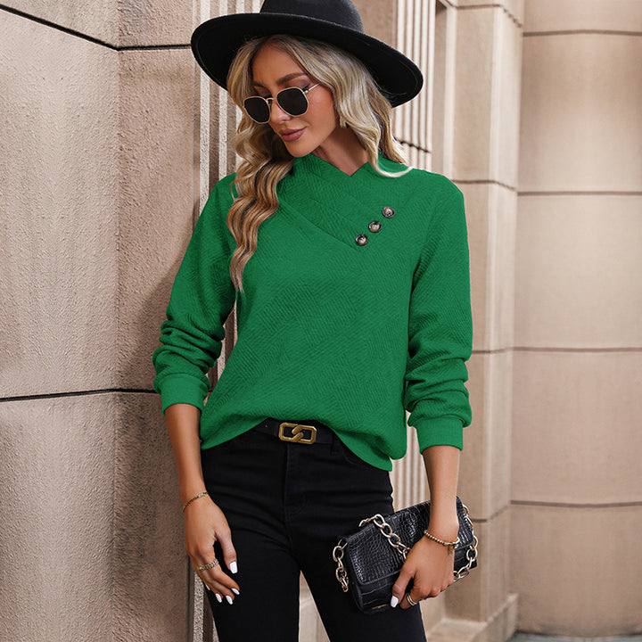 Damen Eleganter Langarmpullover mit schrägem Halsausschnitt und Knopfdetails Echo Archiv