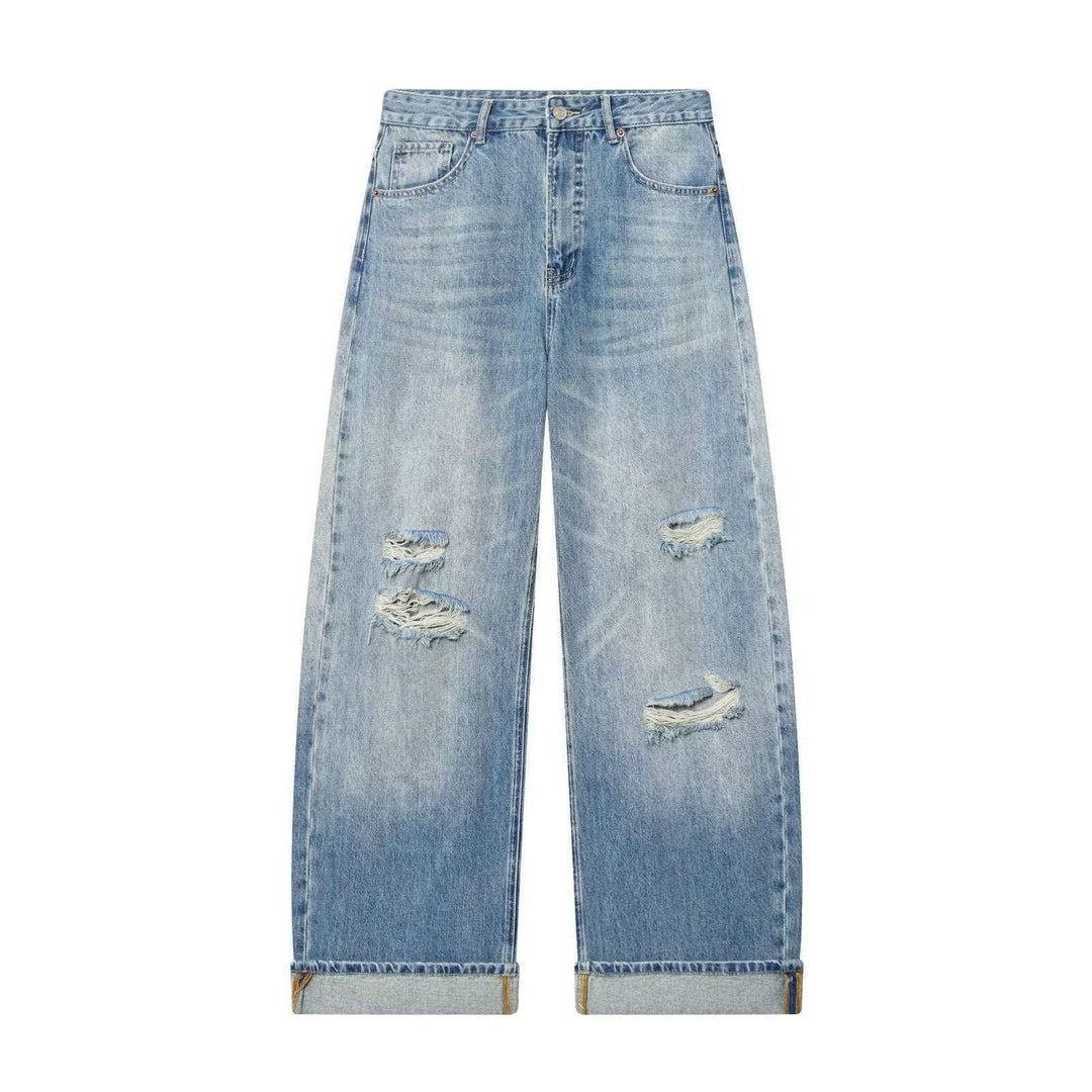 Damen nan weite High‑Waist Ripped Jeans mit Straight‑Leg, aufgekrempeltem Saum und klassischen Taschen Echo Archiv