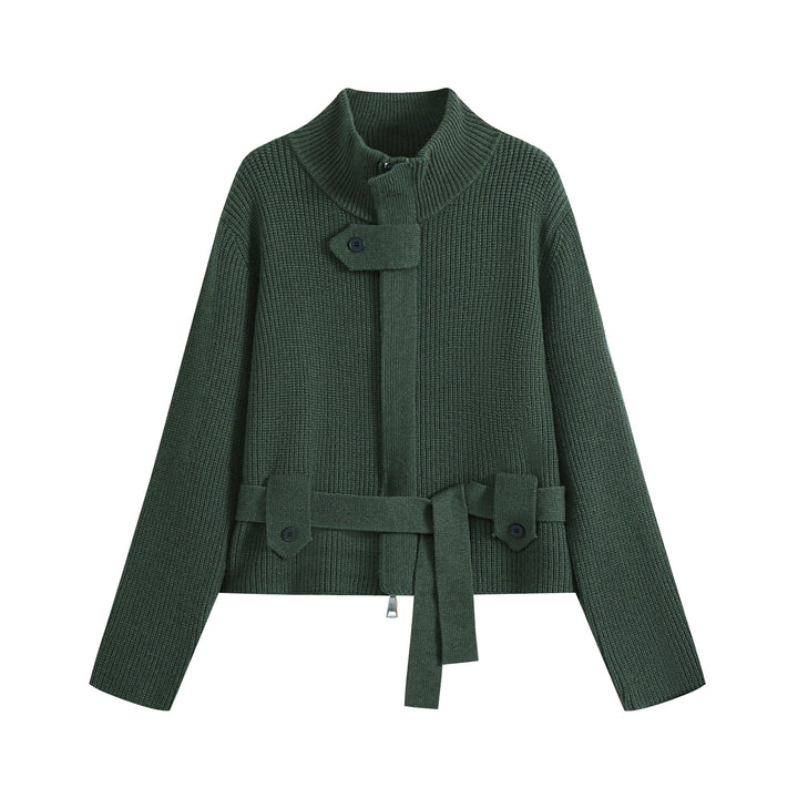 Damen Kurze Strickjacke im Blousonstil mit Stehkragen und Bindegürtel Echo Archiv