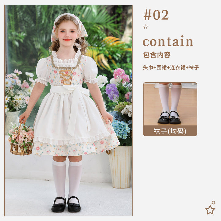 Damen nan traditionelles Dirndlkleid für Mädchen mit bestickter Schürze, Rüschenkragen und passendem Kopftuch Echo Archiv