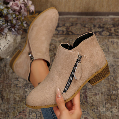 Damen Moderne Kurzschaft-Stiefelette mit sichtbarem Metallreißverschluss und niedriger Holzoptik-Blocksohle – Varelle