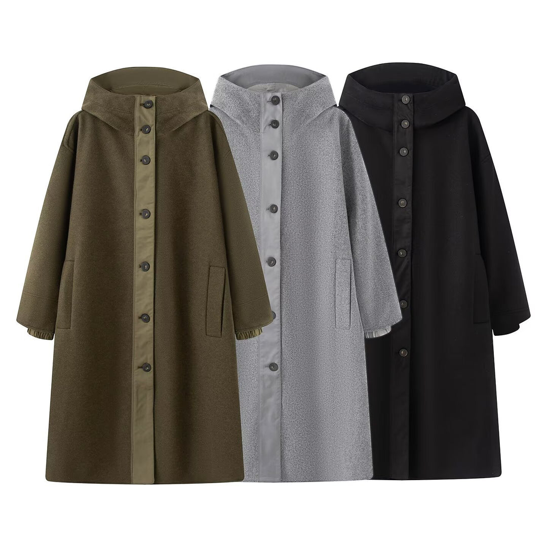 Damen Oversize Wollähnlicher Mantel mit Kapuze und Knopfleiste Echo Archiv