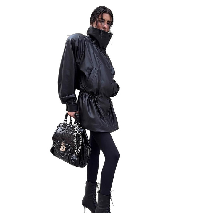 Damen Oversize Kunstleder-Parka mit hohem Stehkragen und verstellbarem Kordelzug Echoarchiv