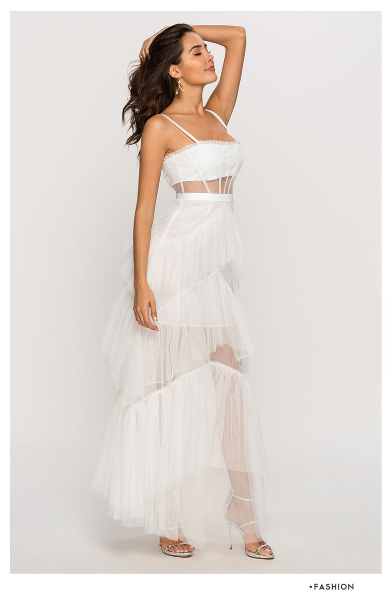 Damen Maxikleid mit mehrlagigem Tüllsaum und transparenter Einsätzen Echo Archiv