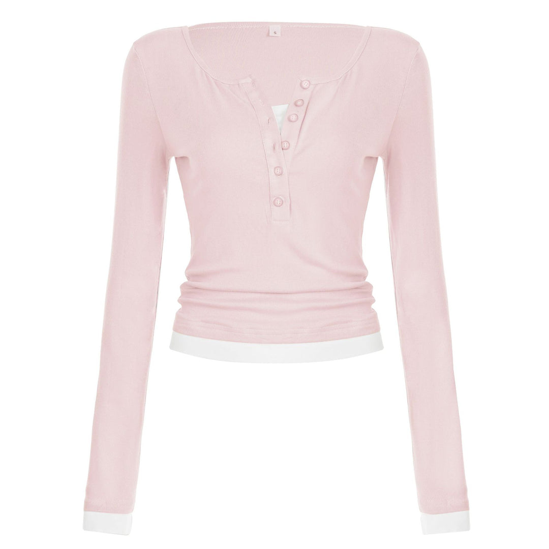 Damen nan tailliertes Henley-Crop-Longsleeve mit kontrastierenden Saum- und Ärmelbündchen Echo Archiv