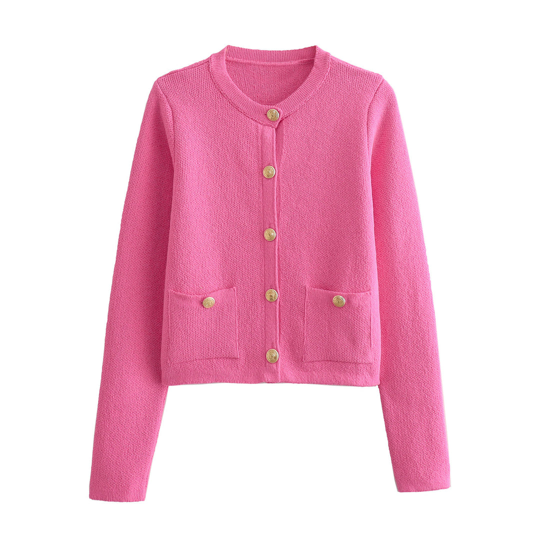 Damen Kurzgeschnittener Bouclé-Cardigan mit Rundhals, Pattentaschen und Münzknöpfen Echo Archiv