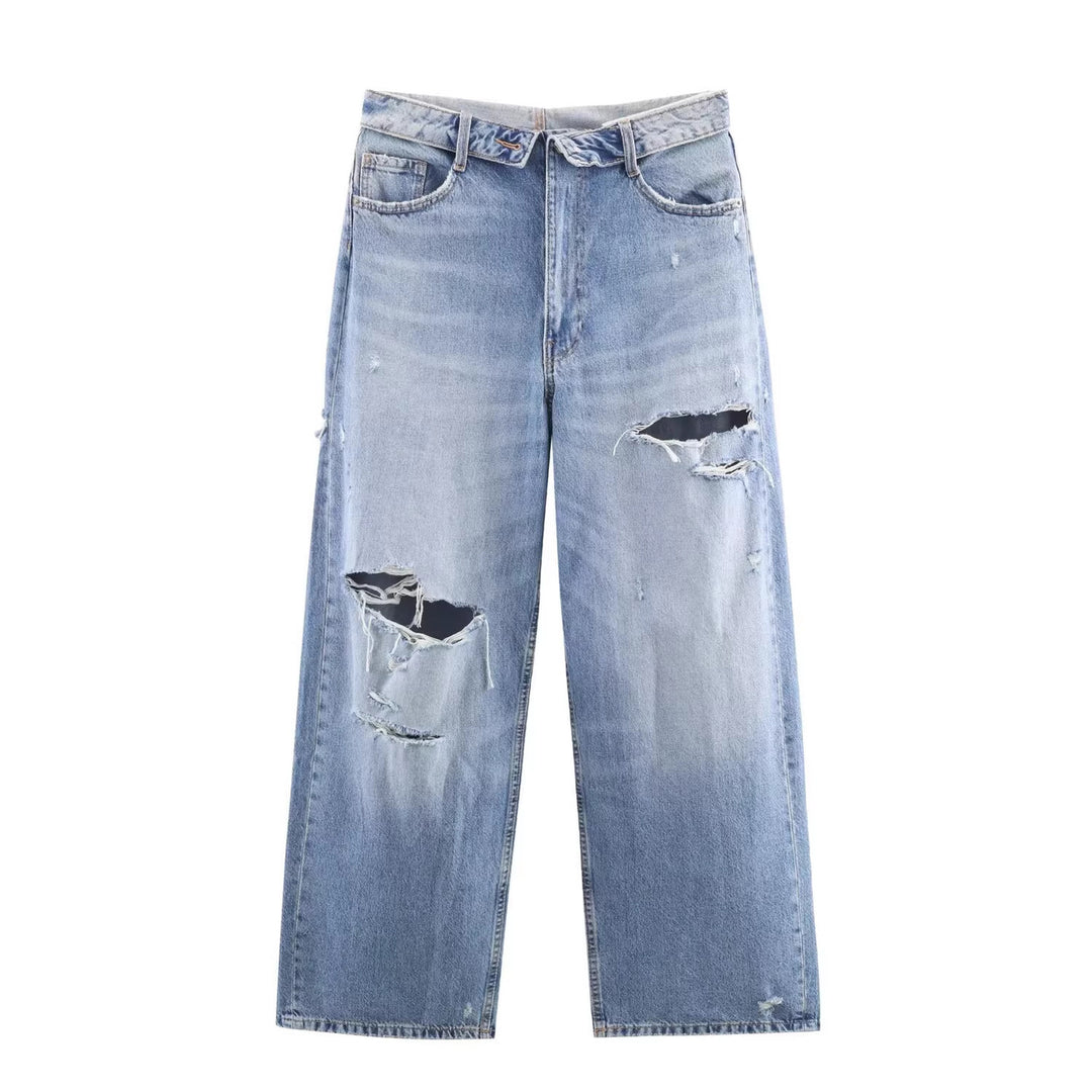 Damen Weite Destroyed-Jeans mit hoher Taille und geradem Bein Echo Archiv