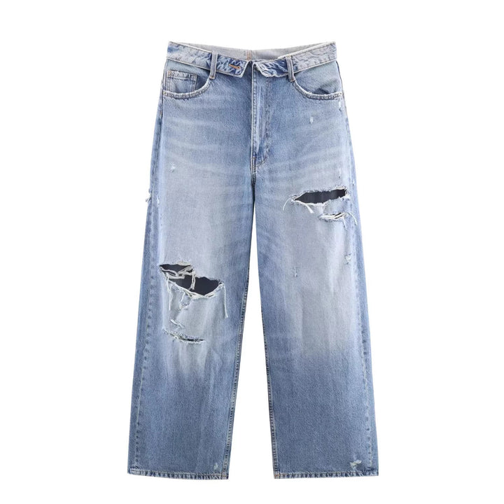 Damen Weite Destroyed-Jeans mit hoher Taille und geradem Bein Echo Archiv