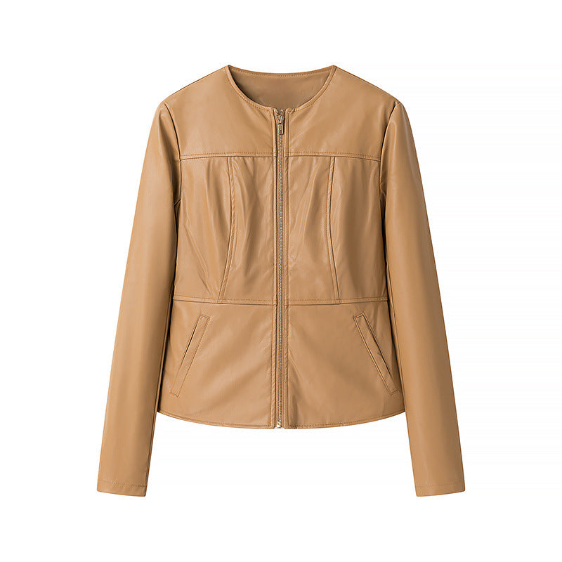Damen leichte vegane Lederjacke mit Rundhalsausschnitt, tailliertem Schnitt und durchgehendem Reißverschluss – Velloura