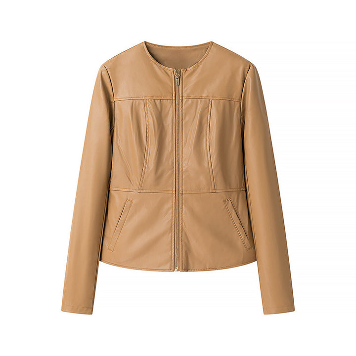 Damen leichte vegane Lederjacke mit Rundhalsausschnitt, tailliertem Schnitt und durchgehendem Reißverschluss – Velloura
