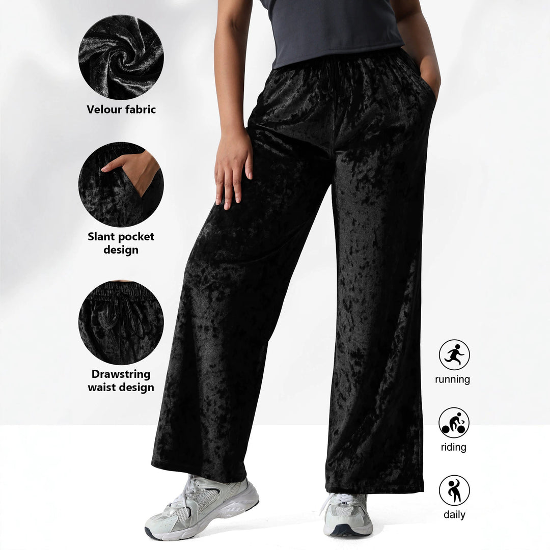 Damen Velours-Hose mit weitem Bein, Tunnelzug und Eingrifftaschen echoarchiv-
