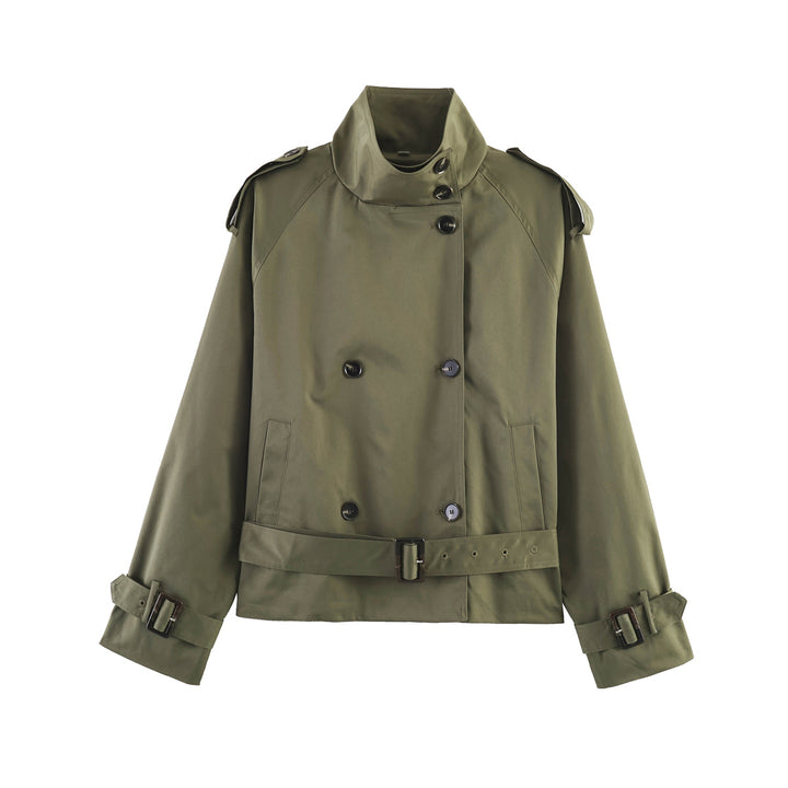 Damen gekürzte Trenchjacke mit Stehkragen doppelter Knopfreihe und Taillengürtel Echo Archiv