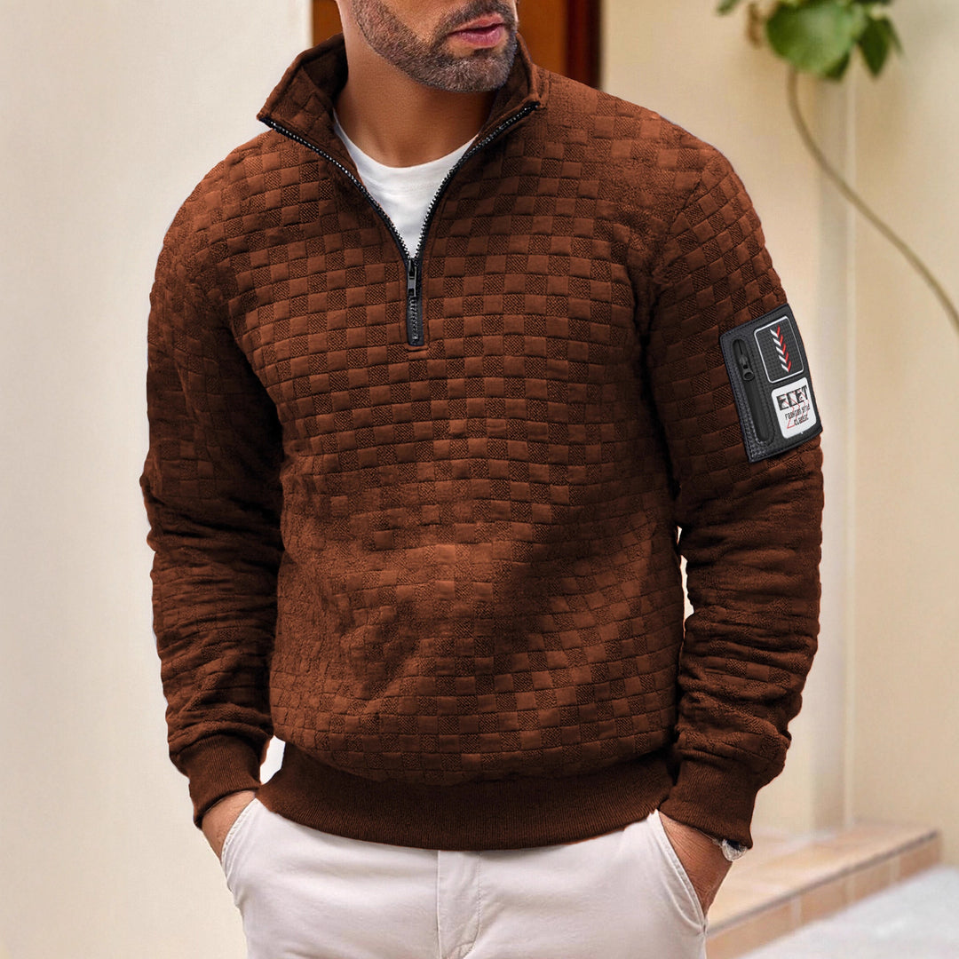 Herren strukturierter Stehkragen-Halbzip-Pullover mit Karosteppung, elastischen Bündchen und Ärmel-Patch – Norvane