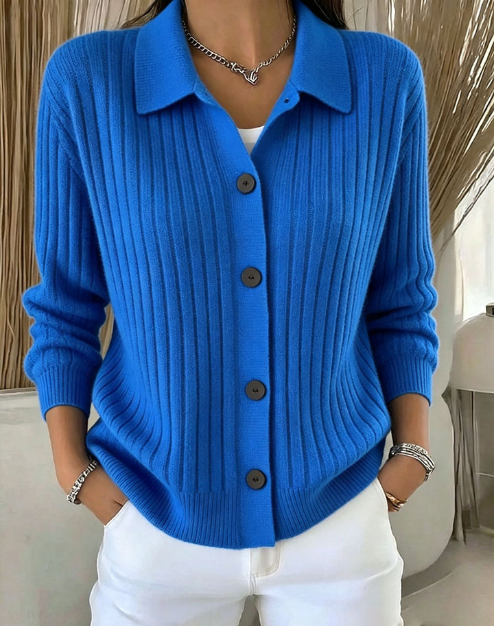 Damen Feiner gerippter Knopf‑Cardigan mit Hemdkragen und kastiger Silhouette – Veloura