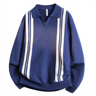 Unisex Feinstrick-Polo mit offenem V-Kragen und vertikalen Kontraststreifen Echoarchiv