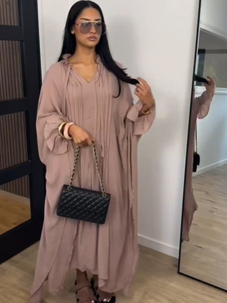 Damen Maxikleid im Kaftan-Stil mit Rüschenkragen, Bindebändern und voluminösen Ärmeln Echoarchiv