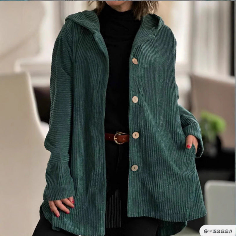 Damen Langer Kapuzen-Strickcardigan mit Rippenstruktur, Knopfleiste und Seitentaschen Echo Archiv