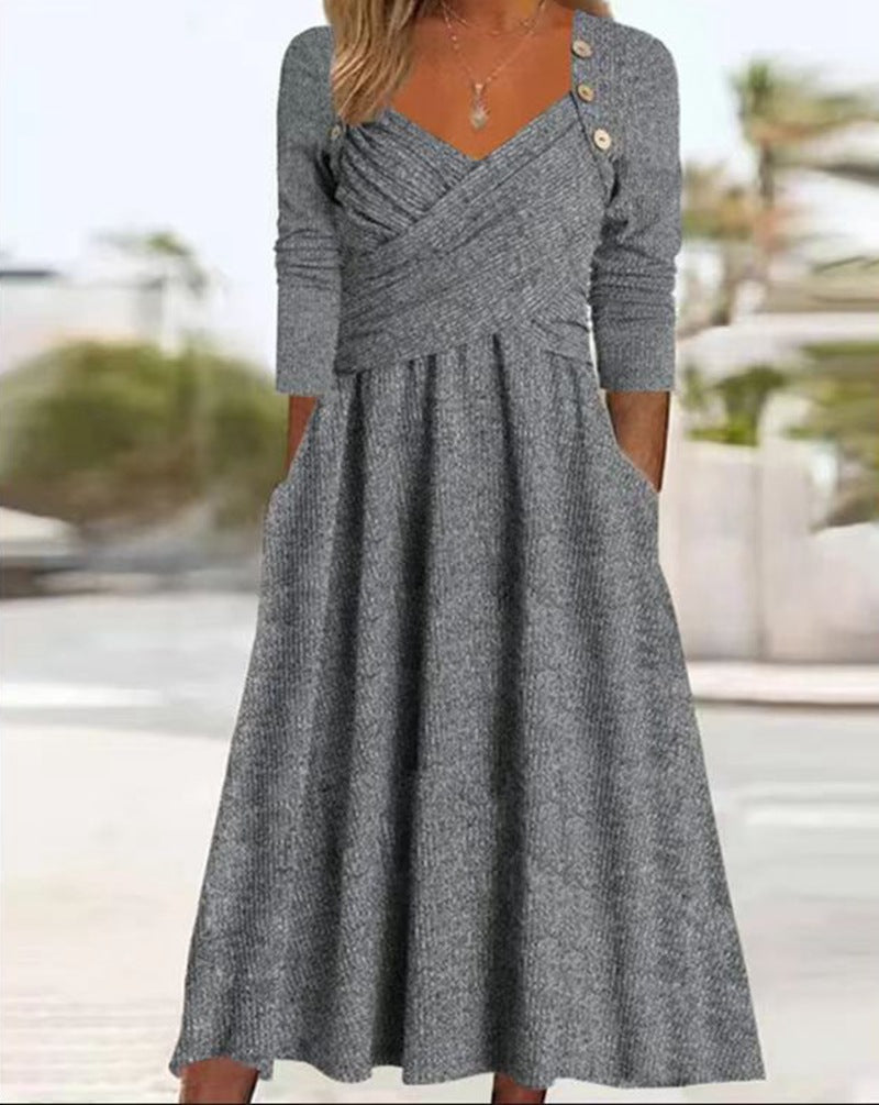 Damen nan legeres Strick-Maxikleid mit Wickeloberteil V-Ausschnitt Eingrifftaschen und Zierknopfleiste Echo Archiv