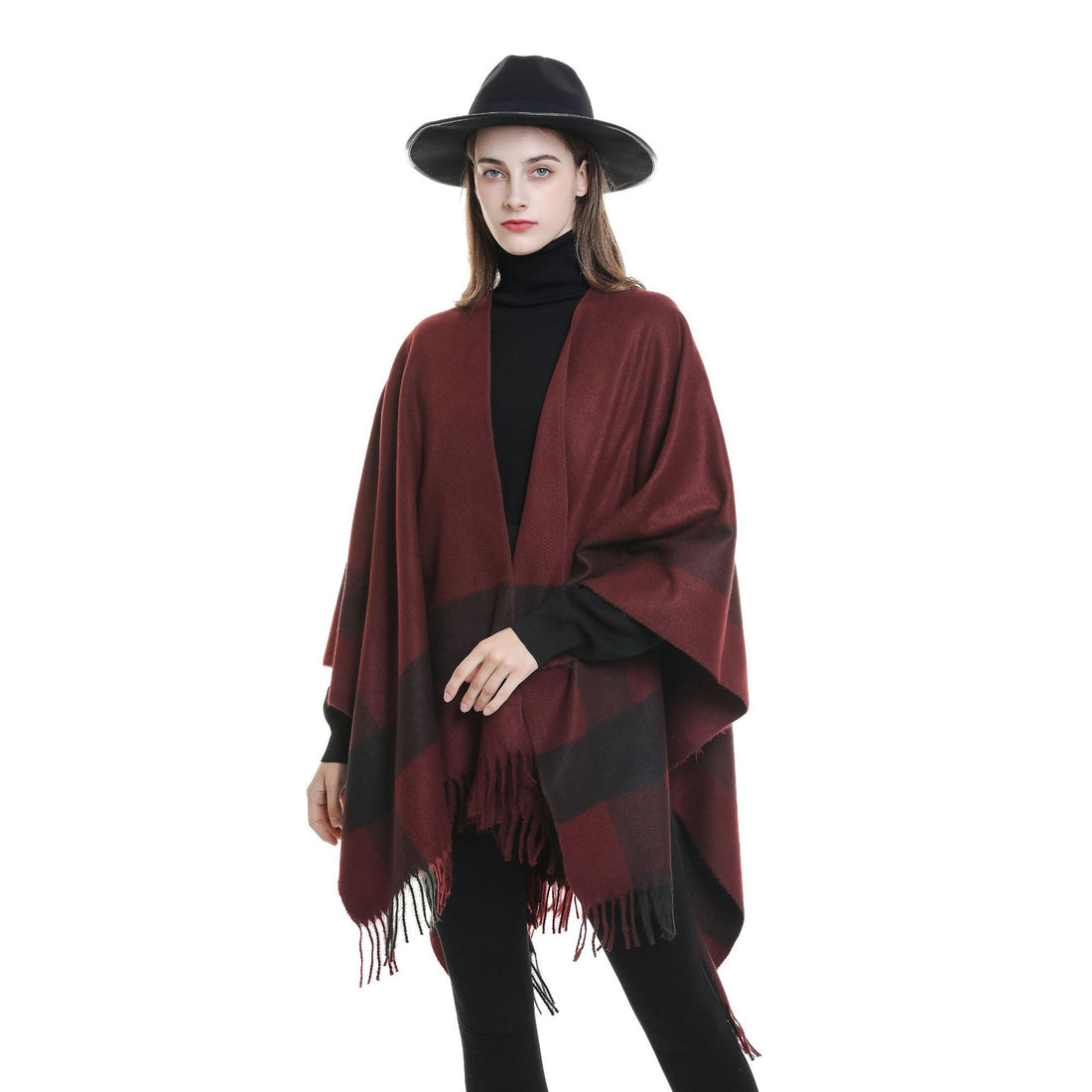 Damen Wollmix‑Schulterponcho mit Fransensaum und kontrastierenden Blockstreifen – Célinea