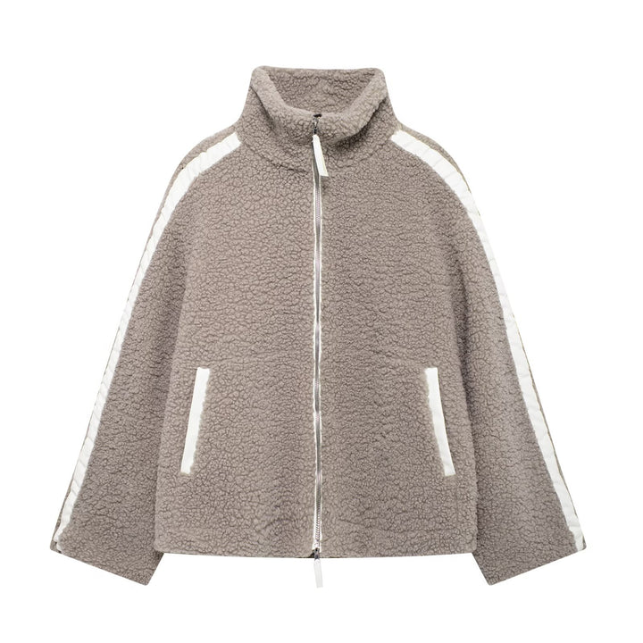 Damen Teddy-Fleece-Jacke mit Stehkragen und Lederoptik-Details Echo Archiv