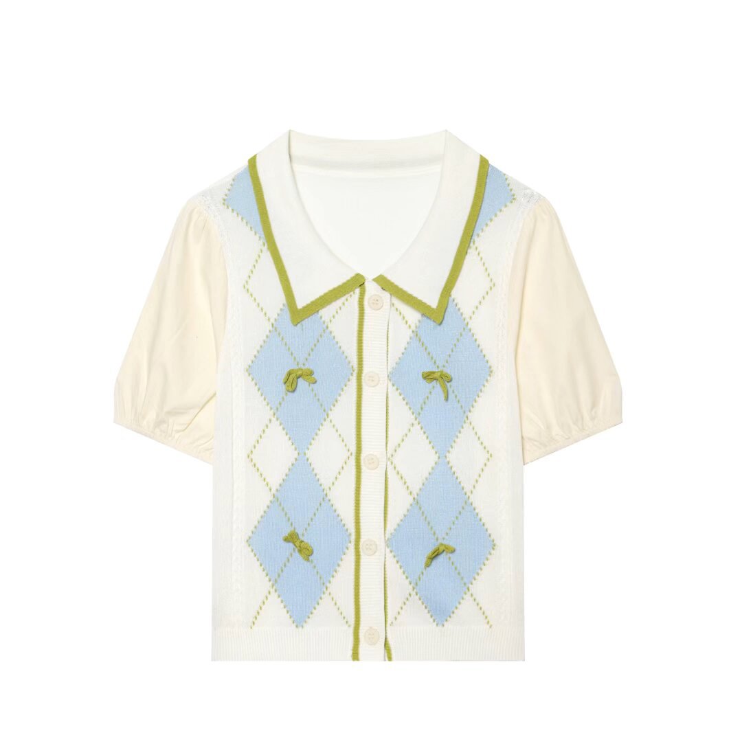 Damen Kurzarm-Pulloverjacke mit Argyle-Strickfront, Bubikragen und Puffärmeln Echo Archiv