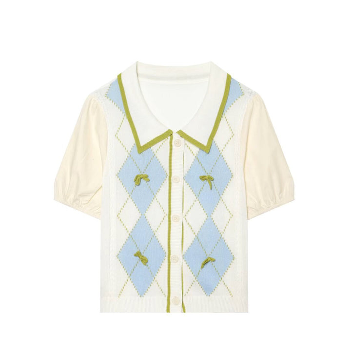 Damen Kurzarm-Pulloverjacke mit Argyle-Strickfront, Bubikragen und Puffärmeln Echo Archiv