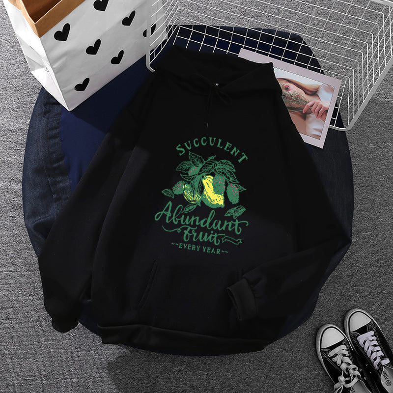 Damen Kapuzenpullover im Relaxed-Fit mit botanischer Frucht-Illustration und Kängurutasche – Auréline
