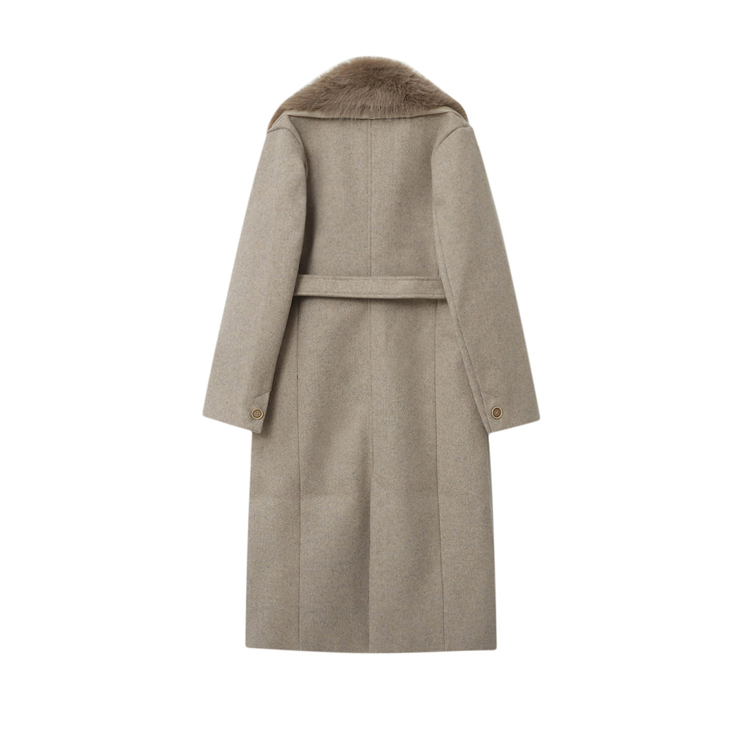 Damen eleganter Mantel mit großem abnehmbaren Schalkragen aus Fauxfur, Wickelgürtel und verdeckter Knopfleiste – Montévia